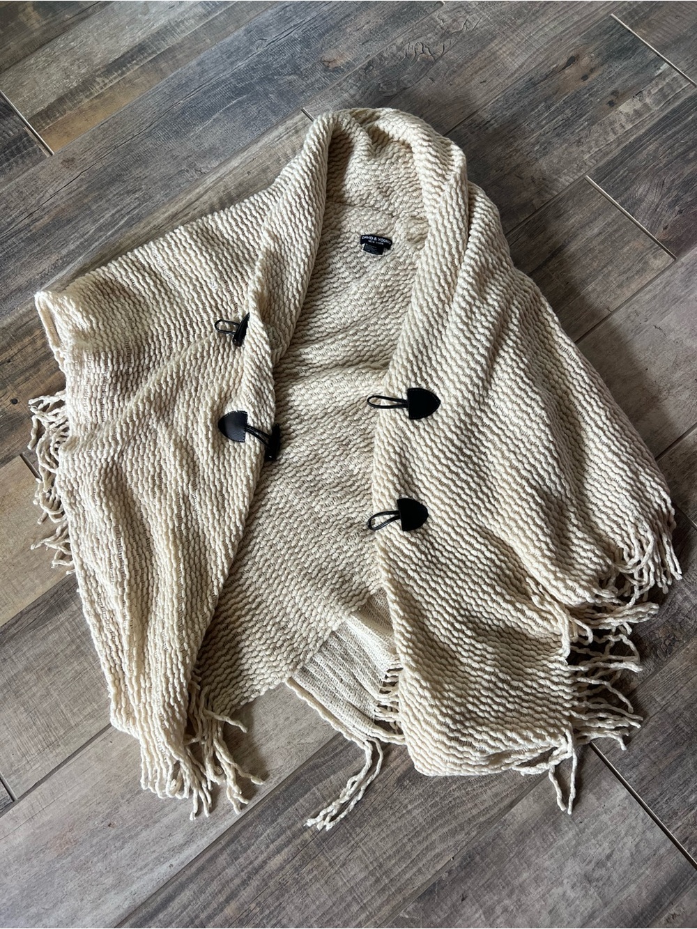 David and Young Cream Knit Fringe Poncho with Black Toggle Accents
